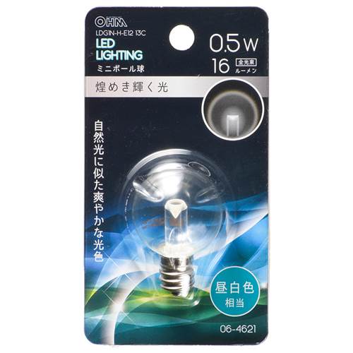 特　徴●LED電球 ミニボール球形 装飾用●自然光に似た爽やかな光色●切れにくく長寿命●消費電力が少なく、電気代が安い●一般電球と比べ発熱が少ない●昼白色相当 クリア●口金はE12仕　様■寸法：全長45×最大径30mm■質量：6g■定格消費電力：0.5W■定格電流：5.3mA■全光束：16 lm■定格寿命：30000h■形状：G30※室内専用（屋外使用禁止）※100V 50/60Hz※次のような器具には使用できません。・調光機能のついた器具（100%点灯でも使用不可）・誘導灯、非常用照明器具・水銀灯器具など・断熱材施工器具（SB、SGl、SG形表示器具など）・直流電源・一般照明用※このほか使用器具の種類によって寸法的、熱的、その他の状況（リモコン機器のついた器具など）により使用できない場合があリます※また、人感スイッチなど自動点灯装置、遅れスイッチや表示付きスイッチなどに使うと正常な作動ができない場合があります