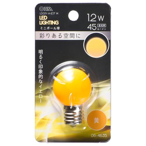特　徴●LED電球 ミニボール球形 装飾用●明るく印象的なイエロー●切れにくく長寿命●消費電力が少なく、電気代が安い●一般電球と比べ発熱が少ない●黄色●口金はE17仕　様■寸法：全長48×最大径30mm■質量：11g■定格消費電力：1.2W■定格電流：13mA■全光束：45 lm■定格寿命：30000h■形状：G30※室内専用（屋外使用禁止）※100V 50/60Hz※次のような器具には使用できません。・調光機能のついた器具（100%点灯でも使用不可）・誘導灯、非常用照明器具・水銀灯器具など・断熱材施工器具（SB、SGl、SG形表示器具など）・直流電源・一般照明用※このほか使用器具の種類によって寸法的、熱的、その他の状況（リモコン機器のついた器具など）により使用できない場合があリます※また、人感スイッチなど自動点灯装置、遅れスイッチや表示付きスイッチなどに使うと正常な作動ができない場合があります