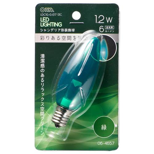 特　徴●LED電球 シャンデリア球形 装飾用●清潔感のあるリラックス空間グリーン●切れにくく長寿命●消費電力が少なく、電気代が安い●一般電球と比べ発熱が少ない●緑色 クリア●口金はE17仕　様■寸法：全長94×最大径32mm■質量：18g■定格消費電力：1.2W■定格電流：13mA■全光束：6 lm■定格寿命：30000h■形状：C32※室内専用（屋外使用禁止）※100V 50/60Hz※次のような器具には使用できません。・調光機能のついた器具（100%点灯でも使用不可）・誘導灯、非常用照明器具・水銀灯器具など・断熱材施工器具（SB、SGl、SG形表示器具など）・直流電源・一般照明用※このほか使用器具の種類によって寸法的、熱的、その他の状況（リモコン機器のついた器具など）により使用できない場合があリます※また、人感スイッチなど自動点灯装置、遅れスイッチや表示付きスイッチなどに使うと正常な作動ができない場合があります