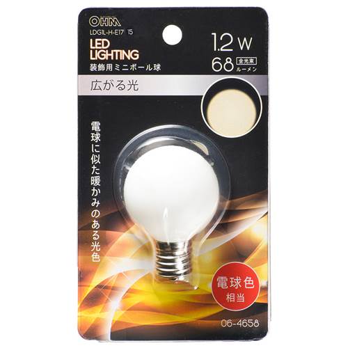 特　徴●LED電球 ミニボール球形 装飾用●電球に似た暖かみのある光色●切れにくく長寿命●消費電力が少なく、電気代が安い●一般電球と比べ発熱が少ない●電球色相当●口金はE17仕　様■寸法：全長59×最大径40mm■質量：13g■定格消費電力：1.2W■定格電流：13mA■全光束：68 lm■定格寿命：30000h■形状：G40※室内専用（屋外使用禁止）※100V 50/60Hz※次のような器具には使用できません。・調光機能のついた器具（100%点灯でも使用不可）・誘導灯、非常用照明器具・水銀灯器具など・断熱材施工器具（SB、SGl、SG形表示器具など）・直流電源・一般照明用※このほか使用器具の種類によって寸法的、熱的、その他の状況（リモコン機器のついた器具など）により使用できない場合があリます※また、人感スイッチなど自動点灯装置、遅れスイッチや表示付きスイッチなどに使うと正常な作動ができない場合があります