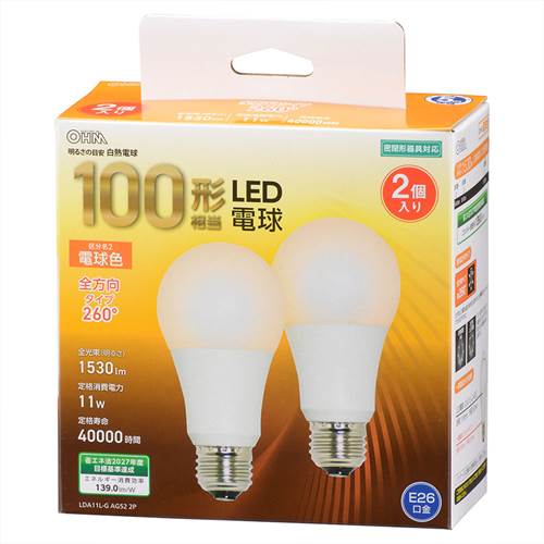 乐天商城 - OHM オーム電機　LED電球（100形相当/1530lm/11W/電球色/E26/全方向配光260°/密閉形器具対応/2個入） LDA11L-G AG52 2P