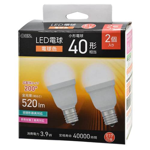 特　徴●全光束520ルーメン、小形電球40形相当の明るさ●光の広がり約200°の広配光タイプ●密閉形器具対応●断熱材施工器具対応●省エネ法2027年度目標基準達成●E17口金●電球色●5年保証対象商品●2個入り仕　様■屋内用（屋外使用禁止）交流電源100V 50/60Hz共用■寸法：全長…78mm、最大径38mm■質量：34g■定格消費電力：3.9W■全光束：520 lm■エネルギー消費効率：133.3 lm/W■平均演色評価数：Ra83■定格寿命：40000h【ご注意】※次のような器具には使用できません。・調光機能のついた器具（100%点灯でも使用不可）・誘導灯、非常用照明器具・HIDランプ器具、水銀灯器具・直流電源※このほか使用器具の種類によって寸法的、熱的、その他の状況（リモコン機器のついた器具など）により使用できない場合があります。※ご使用になられる照明器具の構造によっては、放熱不良で短寿命となることがあります。※密閉器具でのご使用の場合、器具の寸法により、使用できない場合や寿命が短くなる場合があります。