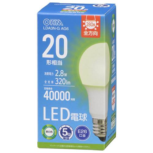 Rakuten - OHM オーム電機　LED電球（20形相当/320lm/昼白色/E26/全方向配光280°/2.8W/密閉器具対応） LDA3N-G AG6