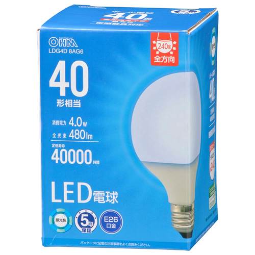 OHM オーム電機　LED電球 ボール球形（40形相当/480 lm/4.0W/昼光色/E26/全方向配...