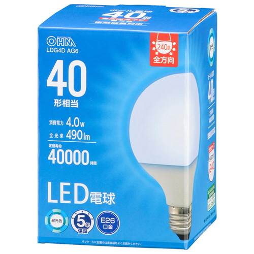 OHM オーム電機　LED電球 ボール球形（40形相当/490 lm/4.0W/昼光色/E26/全方向配...