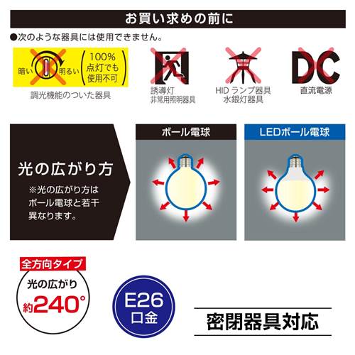 OHM オーム電機　LED電球 ボール球形（40形相当/490 lm/4.0W/昼光色/E26/全方向配...