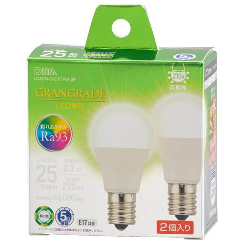 OHM オーム電機　LED電球 小形（Ra93/25形相当/昼白色/270lm/2.3W/E17/広配光210°/密閉形器具対応/断熱材施工器具対応/2個入） LDA2N-G-E17 RA 2P