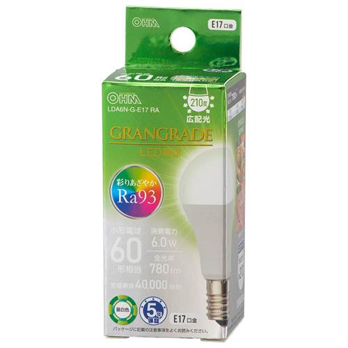 特　徴●彩りあざやかRa93「GRANGRADE」LED電球●自然光に近いあざやかさ●小形電球60形相当の明るさ●光の広がり約210°の広配光タイプ●密閉器具対応●断熱材施工器具対応●昼白色●口金 E17●LED5年保証対象商品仕　様■寸法：全長…77mm、外径…38mm■質量：37g■定格消費電力：6.0W■定格入力電流：0.100A■全光束：780 lm■エネルギー消費効率：130.0 lm/W■平均演色評価数：Ra93■定格寿命：40000h※屋内用（屋外使用禁止）※交流 100V 50/60Hz 共用【ご注意】※次のような器具には使用できません。調光機能のついた器具（100%点灯でも使用不可）誘導灯、非常用照明器具HIDランプ器具、水銀灯器具直流電源※このほか使用器具の種類によって寸法的、熱的、その他の状況（リモコン機器のついた器具など）により使用できない場合があります。※ご使用になられる照明器具の構造によっては、放熱不良で短寿命となることがあります。※密閉器具でのご使用の場合、器具の寸法により、使用できない場合や寿命が短くなる場合があります。※人感スイッチなど自動点滅装置や遅れ停止スイッチなどには使用できない場合があります。※交流100V、周波数50/60Hz以外の電源では使用しないでください。※ランプ周囲温度が40℃を超える場所では使用しないでください。