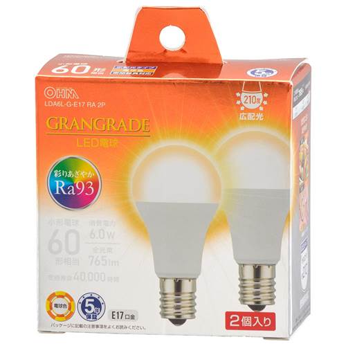 26 mm Cfl - OHM オーム電機　LED電球 小形（Ra93/60形相当/電球色/765lm/6.0W/E17/広配光210°/密閉形器具対応/断熱材施工器具対応/2個入） LDA6L-G-E17 RA 2P
