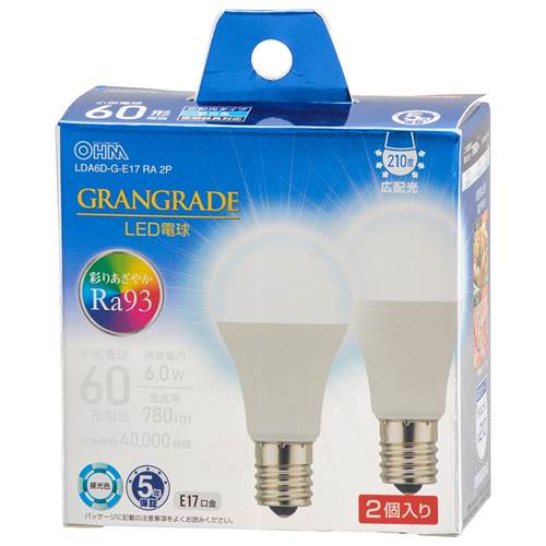 乐天商城 - OHM オーム電機　LED電球 小形（Ra93/60形相当/昼光色/780lm/6.0W/E17/広配光210°/密閉形器具対応/断熱材施工器具対応/2個入） LDA6D-G-E17 RA 2P