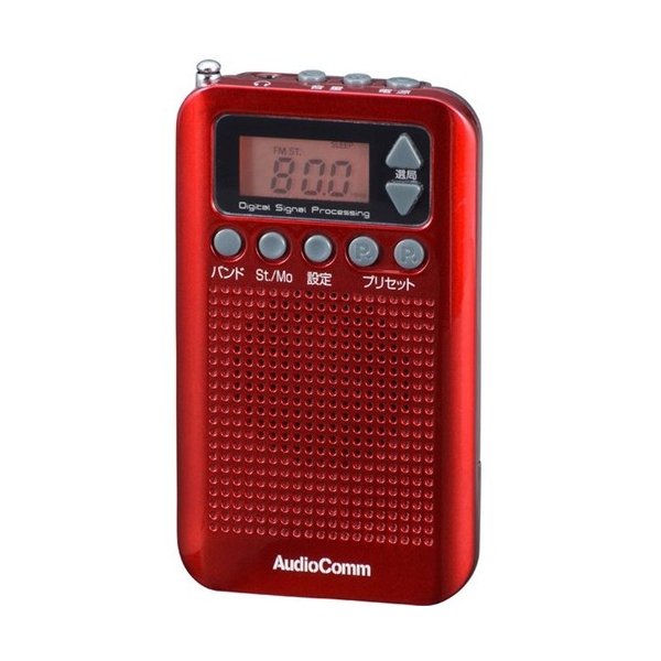 OHM AudioComm AM/FM 液晶ポケットラジオ ワイドFM RAD-P350N-R レッド