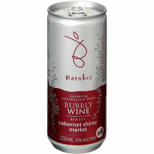 バロークス　スパークリング缶ワイン赤 Barokes Bubbly Wine Red クリーミーな赤い綺麗な泡で、口の中に広がるカシスやココアの甘い香り、きめ細やかな泡と程よい果実味、酸味でバランスが取れています。 商品のラベル等が変更となる場合がございます。ご了承ください。 品目分類：果実酒 原産国：オーストラリア 地域：南オーストラリア 色：赤 味わい：辛口 品種：カベルネ・ソーヴィニヨン55%、シラーズ30%、メルロー15% 容量：250ml