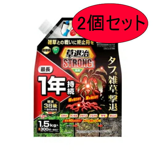 商品特長 3種類の有効成分が効く！ 最速3日後※1に効き始め最長1年※2生やさない！ タフな雑草も撃退！ 根までしっかり枯らす！ そのまま、まくだけ 手袋＆散布容器付き。 手を汚さずにそのまま使用できます。 無臭タイプ イヤなニオイはありません。 ※1：草丈40以下の一年生雑草での事例 ※2：雑草発生前〜雑草生育初期に本剤を散布した場合の刈り取り不要期間の目安で、雑草がまったく発生しないということではありません。持続期間は土壌条件、気象条件、雑草の種類によって変動します。 効果・薬害等の注意 ●雑草発生前〜生育期（草丈40以下）あるいは雑草を刈払った後早めに使用してください。 ●セイタカアワダチソウ、イタドリ等大型多年生広葉雑草には効果が劣るので、これら雑草の優占する所では使用しないでください。 ●ススキの株数が多い場合には30g/を超えないよう適用の範囲内で使用してください。 ●薬剤が樹木類等の植栽地に流入または飛散するおそれのある場所等では使用しないでください。 ●樹木類等の周辺では樹冠下より1m以上離して使用してください。 ●植物の根から吸収されると薬害が発生するので、水田や水田への利用が考えられる用水路等に本剤の流入が想定される場所や、農作物および樹木類等有用植物の付近では使用しないでください。 ●土壌が極端に乾燥している場合は効果が劣るので、土壌が適度の水分を含んでいるときに使用してください。 ●ハウス等の施設周辺では使用しないでください。 ●傾斜地や砂質土壌では本剤の流出による薬害のおそれがあるので使用しないでください。 ●作物のは種または植栽予定地では使用しないでください。 ●激しい降雨が予想される場合は、使用をさけてください。 ●水源池、養殖池等に本剤が飛散、流入しないように十分に注意してください。 ●使用量に合わせ秤量し、使いきる。散布器具、容器の洗浄水は河川等に流さず、空容器は環境に影響を与えないよう適切に処理してください。 ●本剤の使用に当たっては、使用量、使用時期、使用方法などを誤らないように注意し、特に初めて使用する場合には病害虫防除所等関係機関の指導を受けることが望ましいです。 安全使用上の注意 ●体調のすぐれない時は散布しないでください。 ●眼に入らないように注意。眼に入った場合は直ちに水洗し、眼科医の手当を受けてください（刺激性）。 ●使用の際は農薬用マスク、手袋、長ズボン・長袖の作業衣などを着用してください。作業後は手足、顔などを石けんでよく洗い、洗眼・うがいをしてください。 ●飛散によって自動車やカラートタンの塗装等へ影響を与えないよう、散布地域の選定に注意し、散布区域内の諸物件に十分留意してください。 ●駐車場、道路等で使用する場合は、使用中及び使用後（少なくとも使用当日）に小児や使用に関係のない者が使用区域に立ち入らないよう縄囲いや立て札を立てるなど配慮し、人畜等に被害を及ぼさないよう注意を払ってください。 ●散布器具及び容器の洗浄水は、河川等に流さない。また、空容器等は水産動植物に影響を与えないよう適切に処理してください。 ●使用残りの薬剤は必ず安全な場所に保管してください。 魚毒性等：河川、養殖池等に飛散、流入しないよう注意してください（藻類）。 安全性について 普通物です：草退治ストロングシリーズ 粒タイプ クサノンGT粒剤は普通物です。毒物や劇物ではありません。 植物だけに効く：植物特有の光合成などの機能に作用して雑草を枯らします。 微生物が分解：成分は土壌中の微生物によって徐々に分解されます。 安全性試験済：各種の毒性試験により安全性を確認しています。 有効成分　ターバシル・フルミオキサジン・ヘキサジノン 薬剤登録　農林水産省登録第24675号 性状 類白色細粒 剤型 粒剤 JANコード 4975292605034