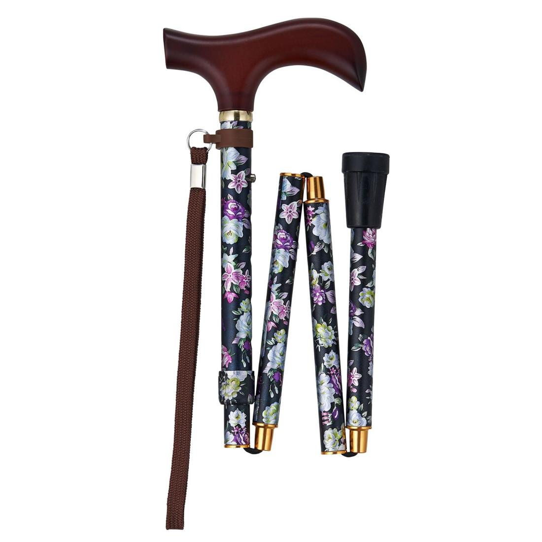 ウェルファン 夢ライフステッキ 柄杖折りたたみ伸縮型 花ブラック