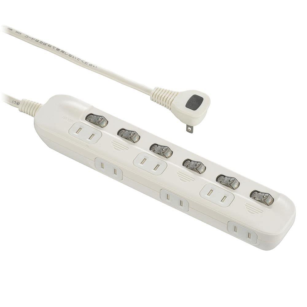 オーム電機 電源タップ 交互コンセント 6個口 2m 電源アダプター対応 個別スイッチ付き ホワイト HS-TP62ADW22 00-1654 OHM
