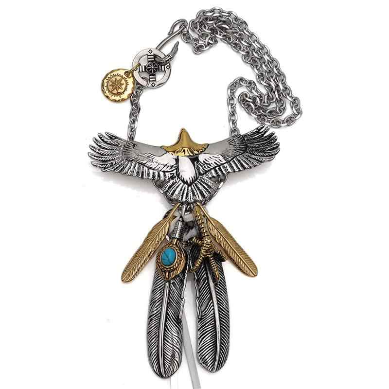 silver KYASYA 316L 特大 頭金 イーグルネックレス 豪華カスタム ターコイズ フェザーネックレス ペンダント シルバー 羽根 金 ゴールド 太陽 金爪 専用BOX付属