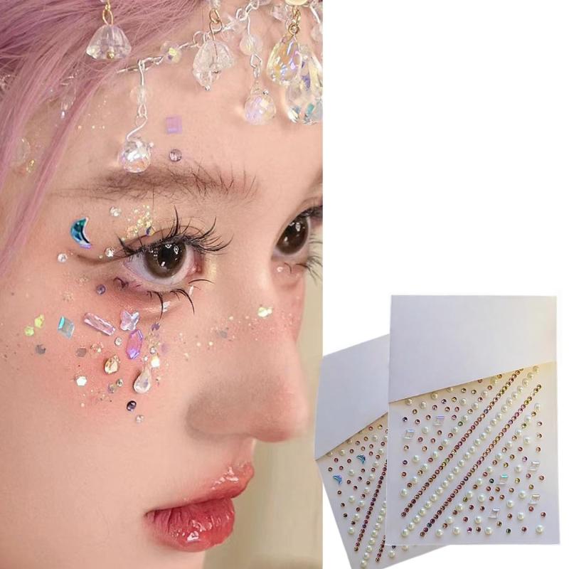 顔 シール 月の姫 目の装飾 真珠+ラインストーン シール フェースステッカー ハート リボン かわいい ..