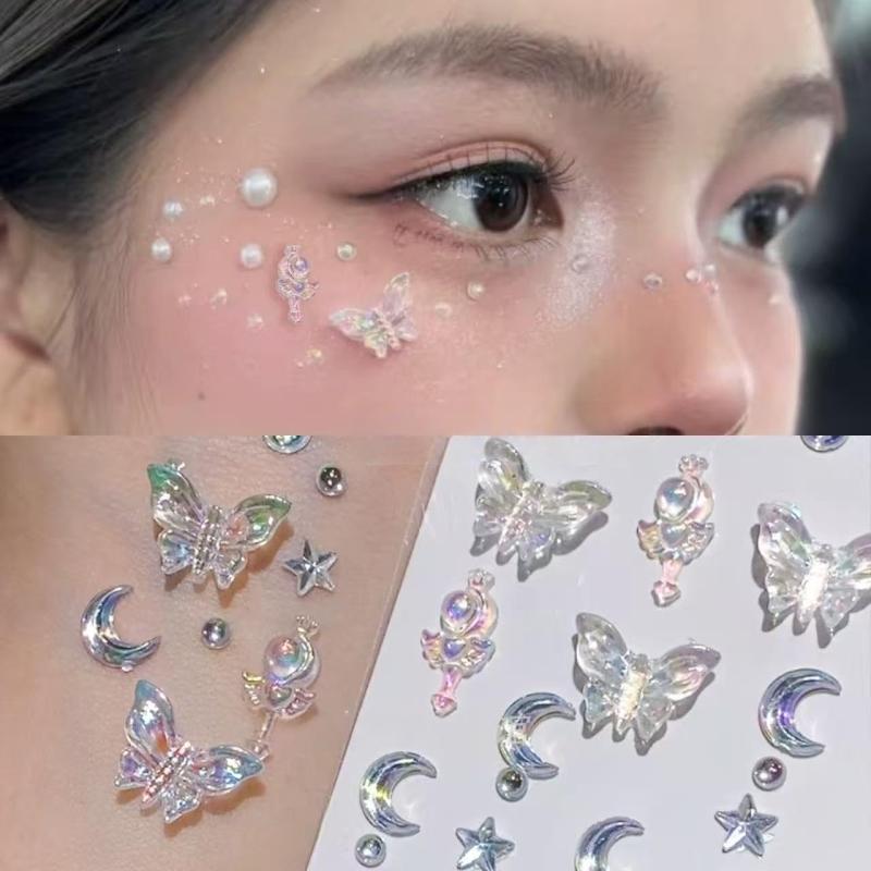 顔 シール 2 枚入 月の姫 目の装飾 真珠+ラインストーン シール フェースステッカー ハート リボン か..