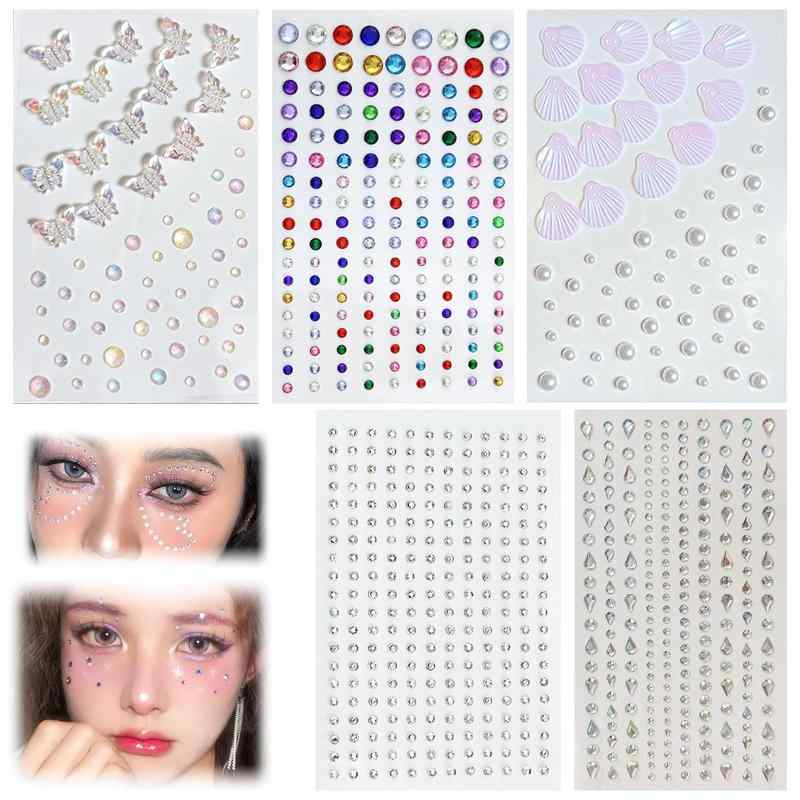 FineGood ラインストーン 5枚セット フェイスシール 3D 顔 シール 自己粘着性 顔面デコ デコパーツ舞台化粧フラッシュドリルアクセサリー 貼り付け可...