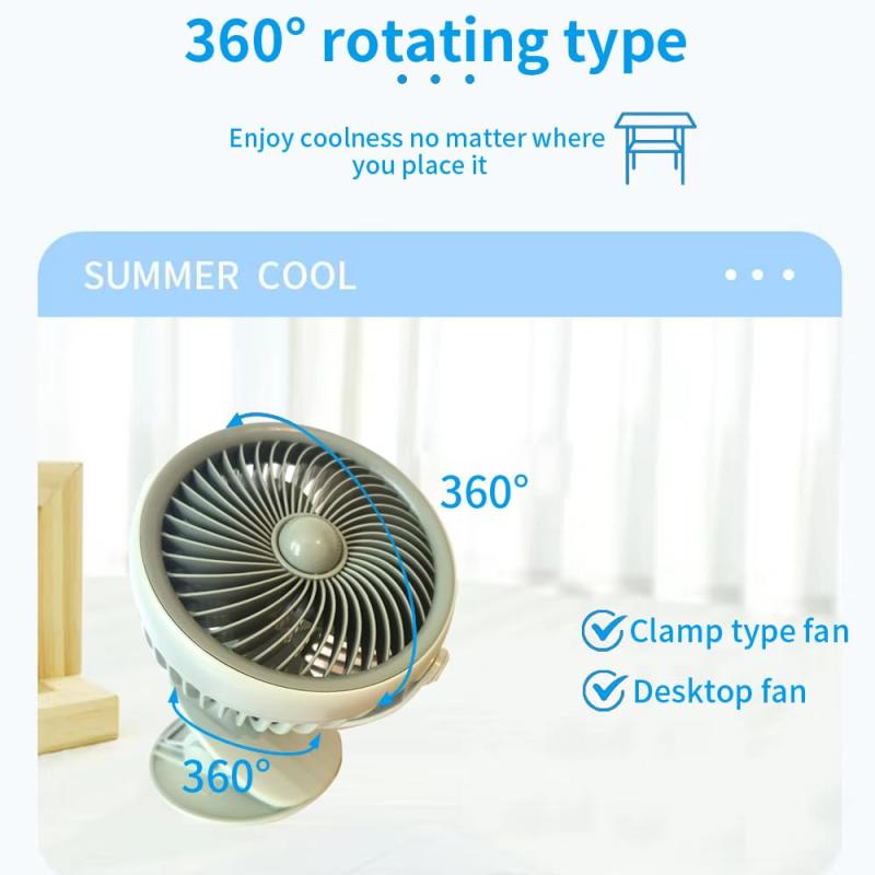 LEDライト付き充電式クリップファン、携帯用強力クリップ多機能ファン、 3速モード、角度調整ファン、ウォームライトファン、オレンジ色の小さなファン。