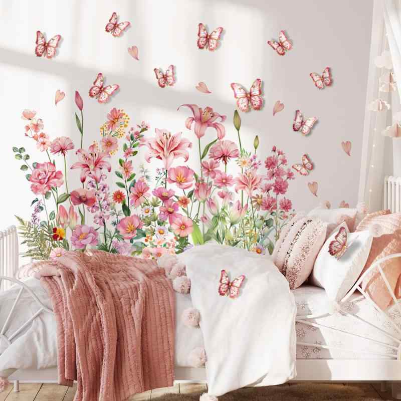 3D蝶と花のウォールステッカー ピンク 花 立体蝶12枚付き 取り外し可能 蝶 春 緑 葉 植物 観葉植物 シ..