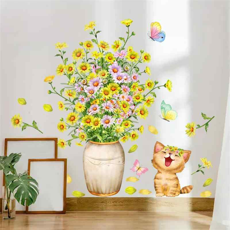 Rakuten - SMAOSTORE(また) ウォールステッカー 黄色 デイジー かわいい 猫 花 花瓶 蝶 おしゃれ 花の茎 グリーンリーフ リビングルーム 寝室 部屋 花の植物 ステッカー 背景の壁 植物 防水 はがせる ウォ