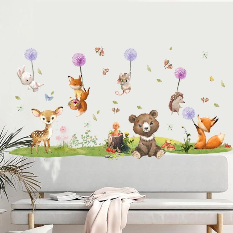 SMAOSTORE(また) ウォールステッカー 森の動物 草原 タンポポ かわいい動物 蝶々 クマ ステッカー おしゃれ 子供 部屋 寝室 幼稚園 教室 背景の壁 防水 はがせる ウォール ペーパー 壁紙 シール 2