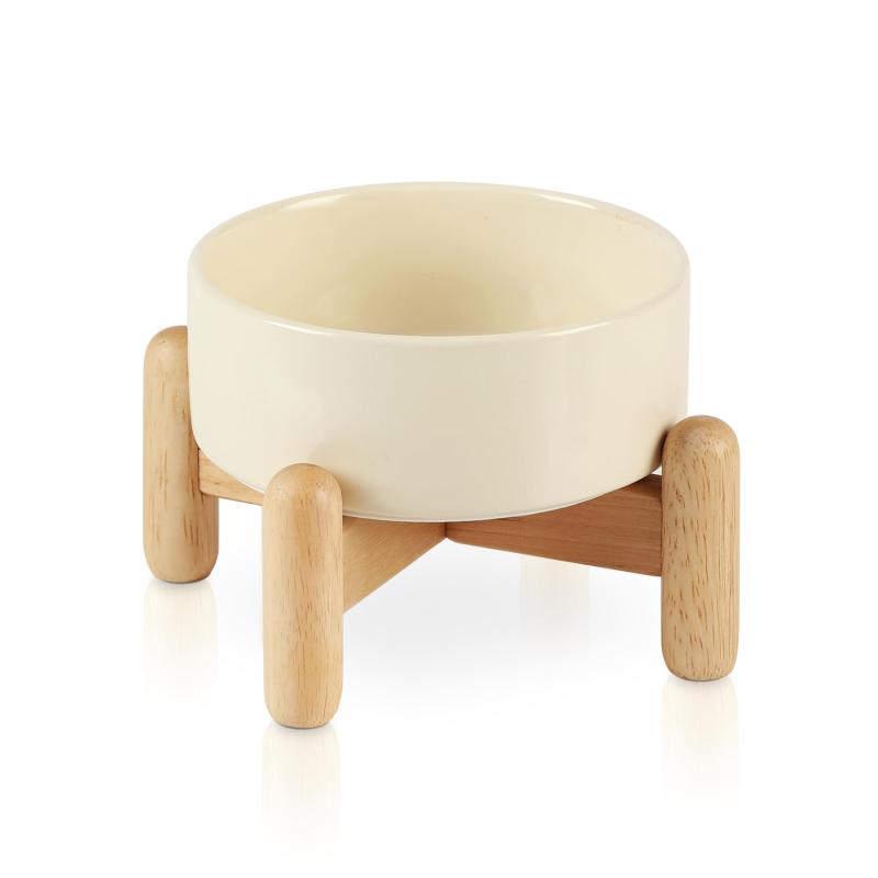 陶器製 犬・猫兼用フードボウル 400ml ゴムの木製スタンド付き 滑り止め 小型犬・子犬向け 水飲み皿・..