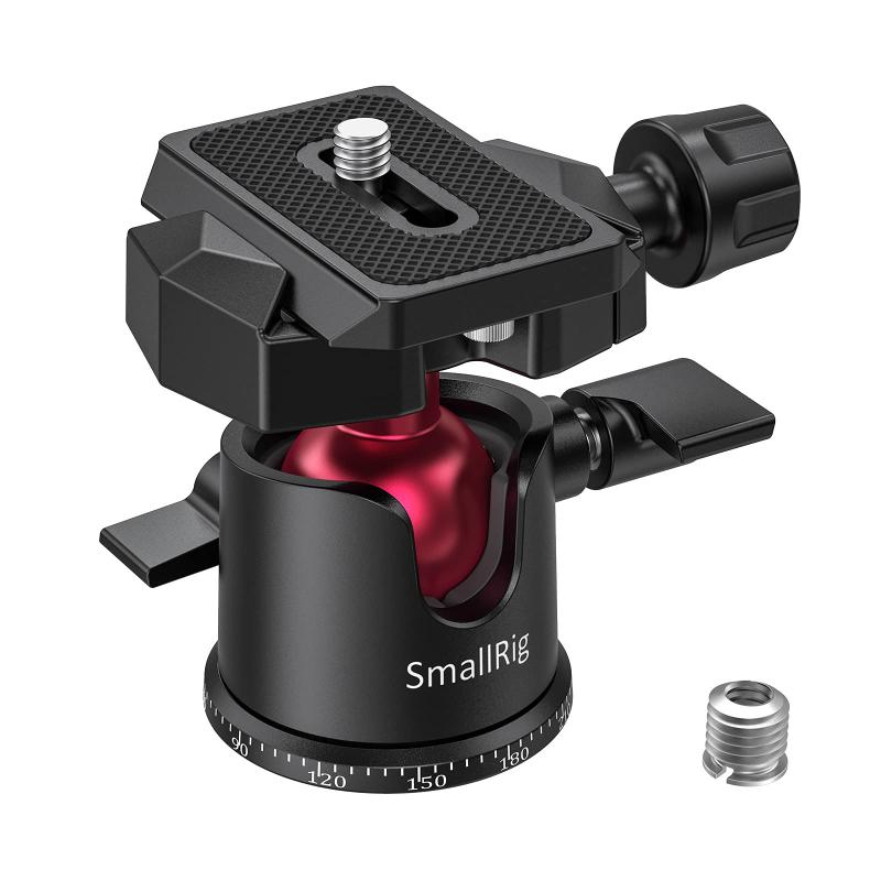 SmallRig 自由雲台 360度回転可 アルミ製 アルカスイスプレート 3/8"-1/4"ネジアダプター付き-BUT2665【商品規格】雲台軽量：185g、雲台高さ：60mm、ボールの直径：25mm、アルミ製、安全耐荷重量：3kg。3/8-1/4ネジアダプター付き、殆どのカメラや三脚を適用します。ご注意：3/8"-1/4"ネジアダプターは雲台の底部にいます。【アルカスイスプレート】クイックリリースクランプArca-Swiss規格に準拠する。クイックシューはカメラ守るゴムが貼り付けて、脱落防止のネジがあり、迅速に調節できます。クイックインストールとリリースを実現可能【角度調整可能】2つの独立したコントロールノブがあり、より精密的にそれぞれの異なる角度を調整可能。カメラを任意角度を簡単に設定できます。また、ノブは引張ると角度を変えれますので、ノブはお好み位置に調整可能。【360°パノラマ撮影】360度回転ダイヤル付き、広角レンズなしでも大きな視野角が実現でき、パノラマ撮影に最適です。素晴らしいパノラマ写真やビデオを撮影する体験を楽しめます。【幅広い適用】1/4ネジクイックシュープレートを装着し、雲台底面に3/8インチネジがあり、3/8 " 〜1/4" ネジアダプターも付き、多数のカメラ、ビデオカメラ、三脚、一脚に適用します。