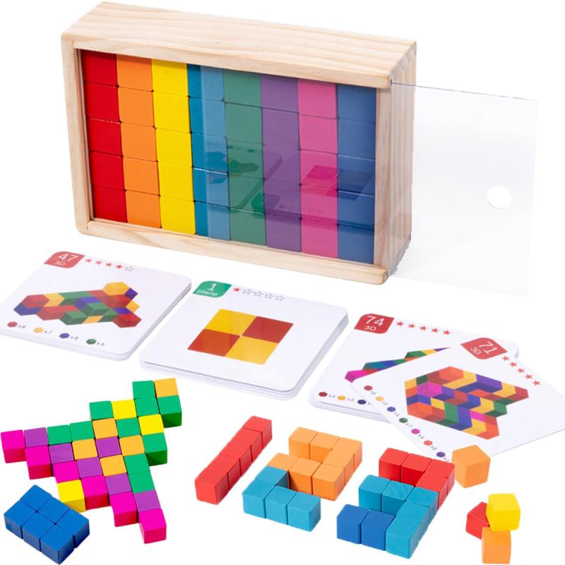 Bajoy 積み木 脳トレ 知育玩具 空間認識 数学スキル 立体パズル 木製おもちゃ 80PCS大容量 お題カード4..