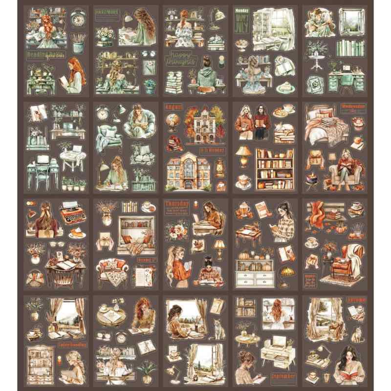 Zolarkar 20枚 フレークシール 1冊入り 型抜き 読書タイム コラージュ 素材 防水 半透明 PET 女子 コラージュ シール 読書女子、机、電気スタンド、ソファ 可愛い 貼り 装飾用シール DIY 手作り