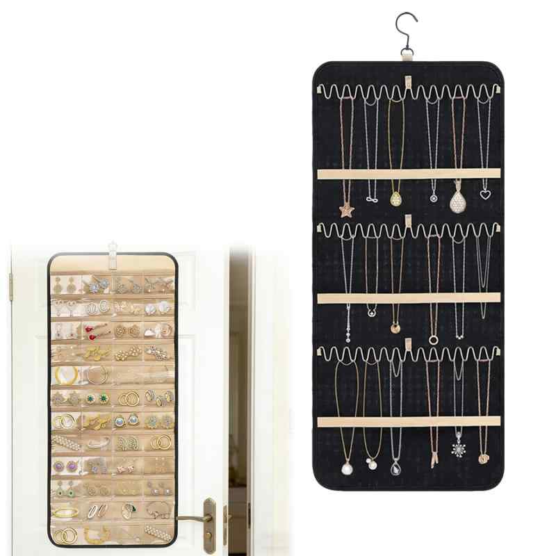 両面ジュエリーチェーンオーガナイザー ハンギング・ジュエリー・オーガナイザー ジュエリー・ディスプレイ・スタンド 48個の透明ポケット付き リング、ブレスレット、イヤリングに適し