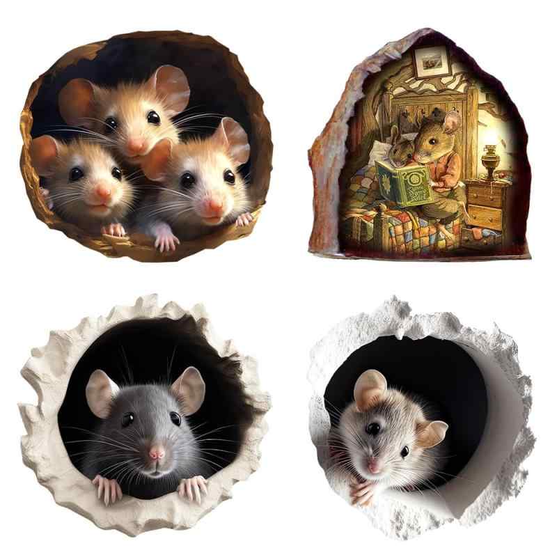 [Starripon] かわいい 穴の中のネズミ ウォールステッカー 4点セット 日本製 シールタイプ ステッカー マウス 台所 食堂 保育園 インテリア 子ども部屋 幼稚園 玄関 壁に 貼って剥がせるステッ