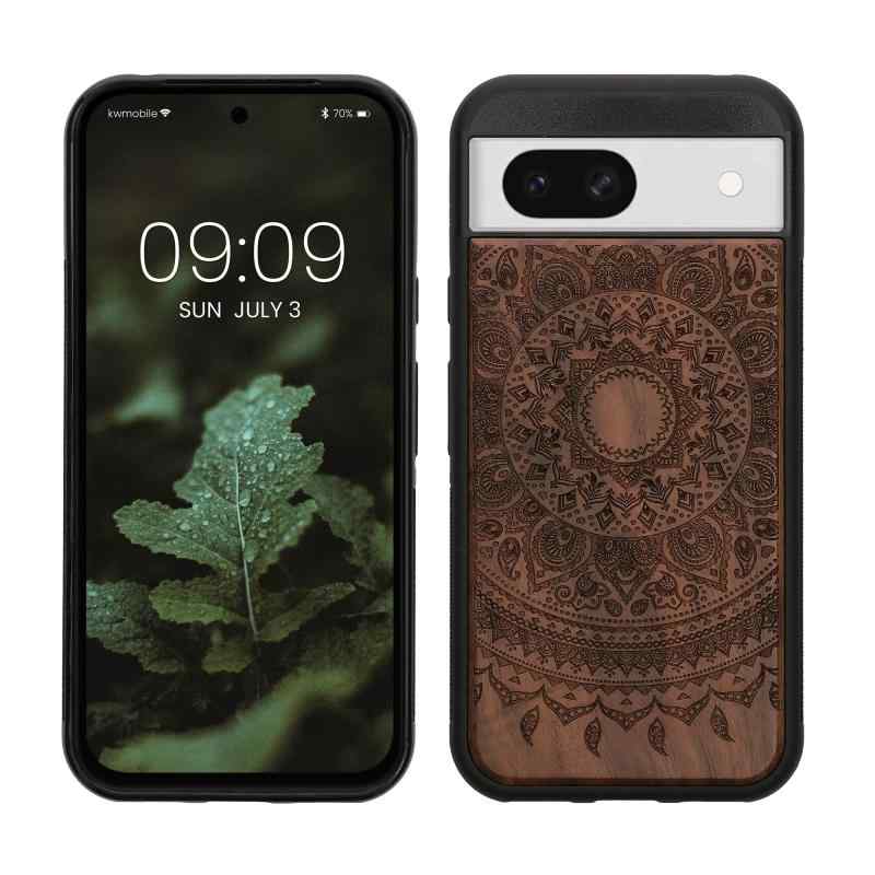 kwmobile スマホケース Google Pixel 8a対応 ケース - 携帯ケース TPUバンパー ナチュラル 木製 レトロコンパスデザイン