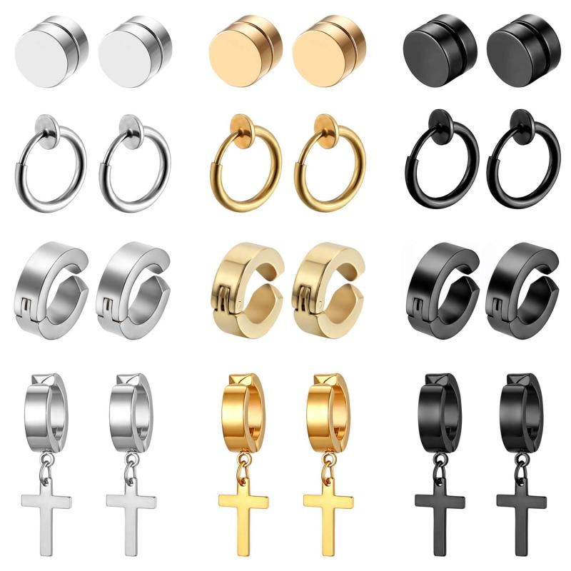 Aroncent イヤーカフ フェイクピアス マグネット ピアス おしゃれ 12ペア24点セット 十字架 ピアス クロス ステンレス シンプル 人気 片耳 両耳 軟骨ピアス メンズ レディーズ ファッション ア