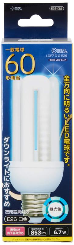 OHM LED電球 発光管露出形 E26 60形相当 6.7W 昼光色 全方向タイプ 120mm LDF7D-G-E26 06-1683