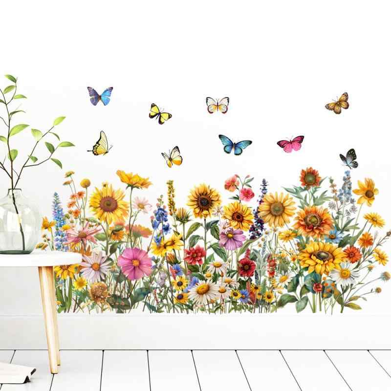 ウォールステッカー 花と蝶 壁紙シール ひまわりとデイジーの庭園 壁飾り フラワー スカート 野の花 自然風 リビングルーム 寝室 ステッカー 装飾用 ウォールシール 剥がせる 壁紙シール