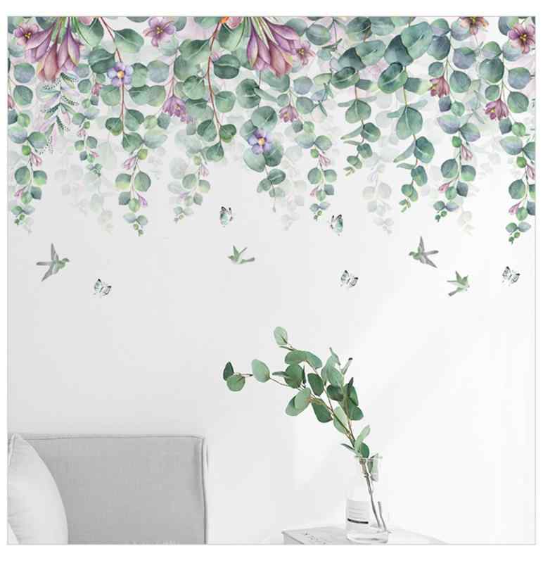 Mansoyun ウォールステッカー ツタ ボタニカル 植物柄 緑の籐と花 緑の葉と花柄 グリーン 吊り下げ 観葉植物 蝶 鳥 自然風インテリアシール はがせる壁紙シール 防水 北欧スタイルウォールデ