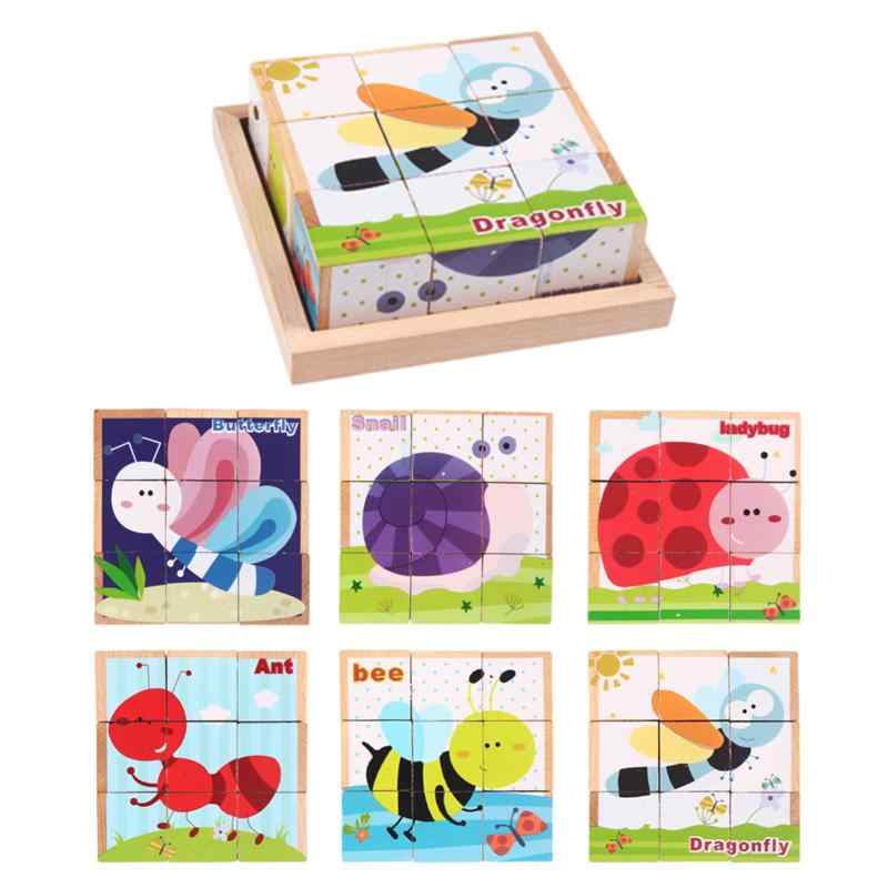 Rakuten - キューブパズル 3D立体パズル 木製パズル 積み木 モンテッソーリ玩具 子供向け 知育玩具 木製玩具 型はめおもちゃ 6種の絵 動物 昆虫 果物 女の子 男の子 子供おもちゃ クリスマス 誕生日 新