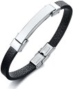 Brama ブレスレット メンズ レザー ブラック バングル チタン シルバープレート シンプル 極簡主義メンズブレスレット 黒革腕輪 アクセサリー 黒(3)