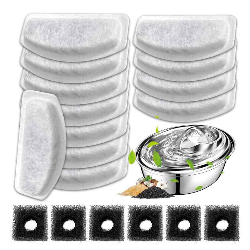Cunina 12+6枚入 猫 犬 水飲み器 フィルター ペット自動給水器 2L 専用交換用活性炭フィルター イオン交換樹脂 軟水化 安全 清潔 多重濾過【製品詳細】製品サイズ：交換用浄水フィルター 7.8cm*1.5cm*1cm 交換用プレフィルタースポンジ 3cm*3cm*2cm 対応メーカー型番： ORSDA猫自動給水器 ステンレス製 2L/64オンスに適用【製品機能】猫 水飲み器用交換フィルターは、高密度PPコットン、高性能活性炭、イオン交換樹脂で作られており、安全、安心、無毒でお楽しみいただけます。皮毛、食べカス、ほこりを取り除きながら循環して、濾過効果が向上します。【軟水化】猫 給水器用交換フィルターにはイオン交換樹脂と活性炭が付属しており、活性炭が水道水の残留塩素や臭いを除去し、イオン交換樹脂が腎臓病の原因となるカルシウムイオンやマグネシウムイオンを除去して水道水の硬度を下げ、ペットに新鮮できれいな水を提供します。【交換目安】水を新鮮に保つため、2L ペット自動給水器専用活性炭フィルターは2～4週間ごと（夏場やペットの数が多い場合は、1～2週間となります。ご了承ください）交換してください。フィルターのお手入れは、表面の汚れを水で洗い流し、洗剤は使用しないでください。フィルターを交換する際は、給水器本体の隅々まで清掃し、清潔に保ってください。【注意事項】12個の交換フィルターと6個のフィルタースポンジが入っています。個別に包装され、密封されているため、高品質が保たれます。交換品ですが、純正品と同じ効果があります。製品についてご質問がございましたら、お気軽にお問い合わせください。 喜んで対応させていただきます