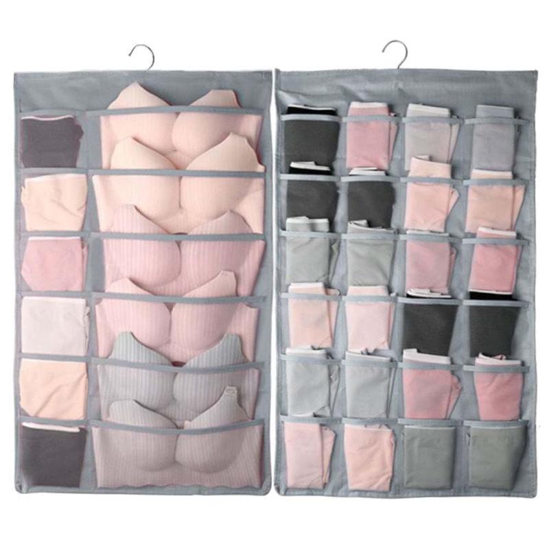 吊り下げ収納 クローゼット 収納 両面収納 ハンガー 下着 収納 小物収納 ウォールポケット 壁掛け 収納バッグ ハンガー クリアポーチ 大容量 省スペース 軽量 多機能 グレー 36ポケット