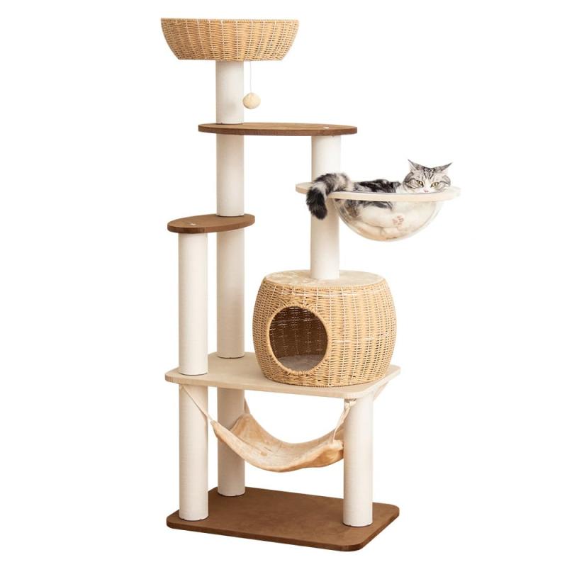 PETTIFUL キャットタワー 据え置き 木製に生地張り 大型猫 シニア猫 成猫 子猫 高さ144cm おしゃれ ベルベット張り 手編みカゴ インテリア性 ラタン風 多頭飼い 猫ハウス 広い スリム 冬用 クッ