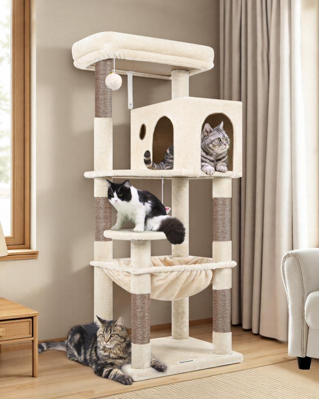 Globlazer F53 猫タワー ねこタワー 中型 据え置き キャットタワー ハンモック付き 猫用品 天然サイザル麻の爪とぎポール 猫ハウス 広い展望台 ポンポンおもちゃ 転倒防止ベルト付き 安定 頑丈