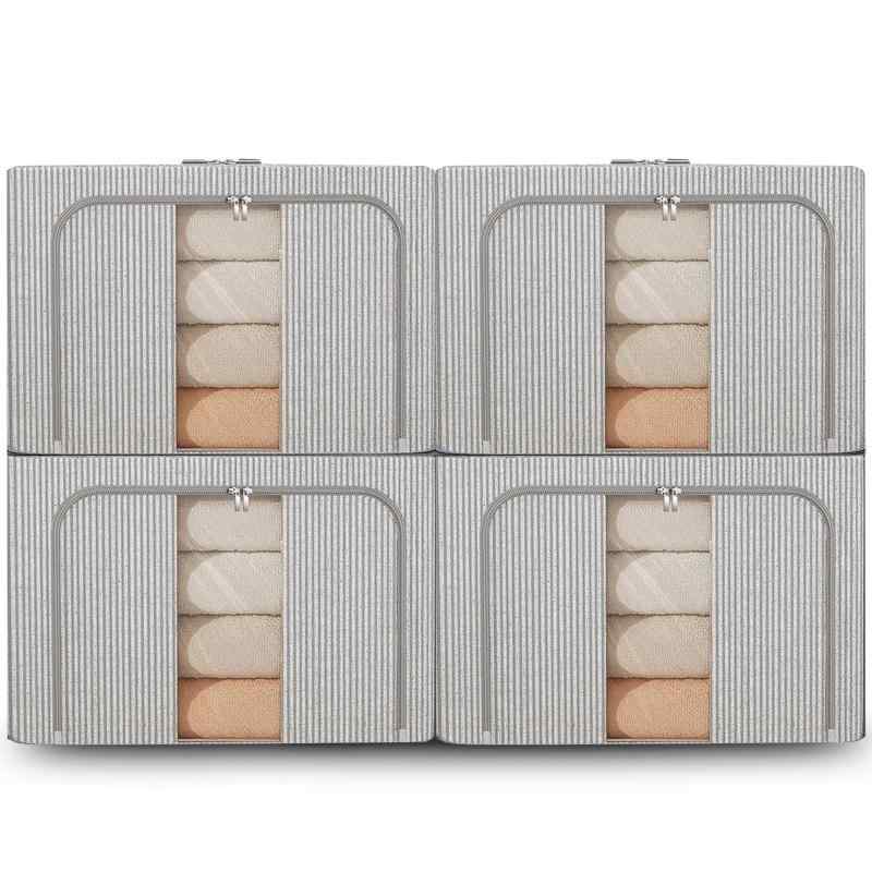 収納ボックス 収納ケース2点セット 66L大容量 衣類収納 折りたたみ 取っ手付き ふた付き おしゃれ 布製 衣装ケース 透明窓付き ファスナー