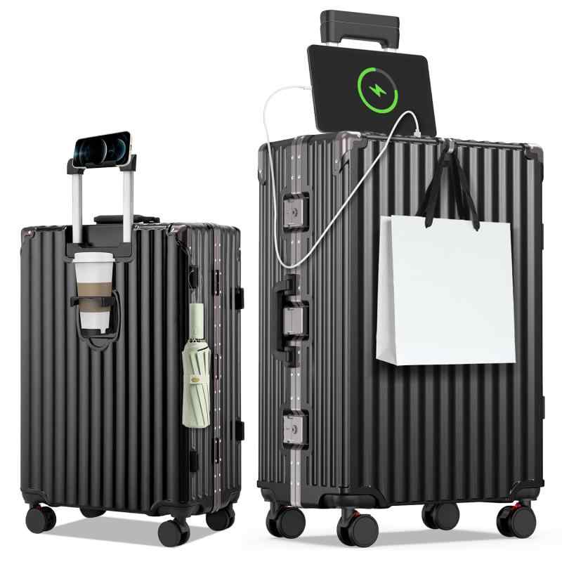 [Tanoka] スーツケース 機内持ち込み キャリーケース アルミフレーム タイプ ストッパー付き 大容量 耐衝撃 USBポート カップホルダー付き 隠しフック機能 360度回転キャスター 便利グッズ キ
