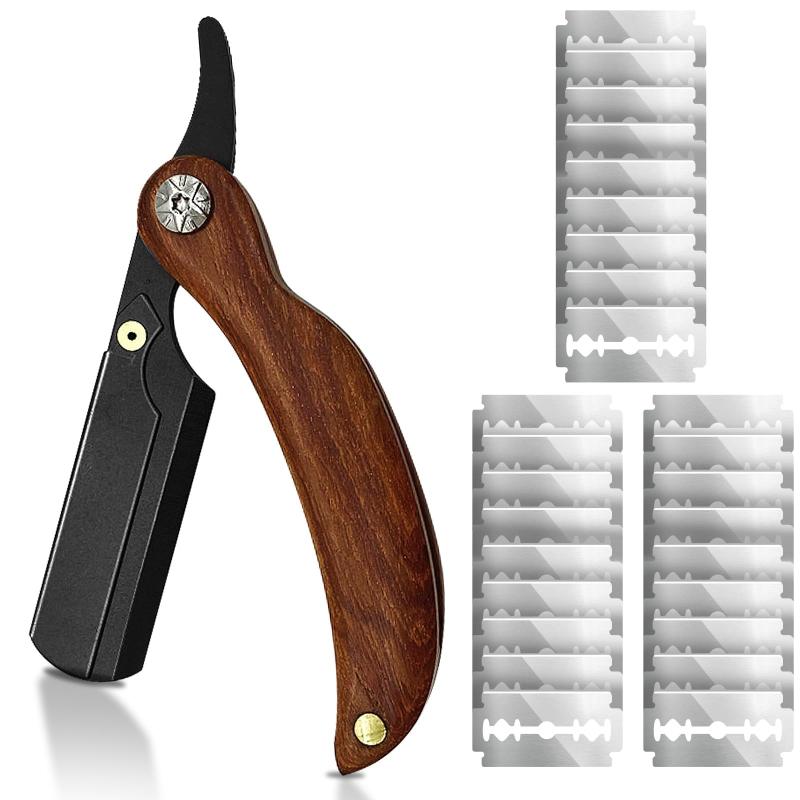 Friendship 剃刀 カミソリ メンズ 一枚刃 かみそり 折りたたみ式 手動 木製ハンドル 髭剃り 顔剃り 眉剃り 本格深剃り 眉毛 理髪 西洋剃刀 床屋 収納ケース付き ボディ用 レディース (A) (ブラッ