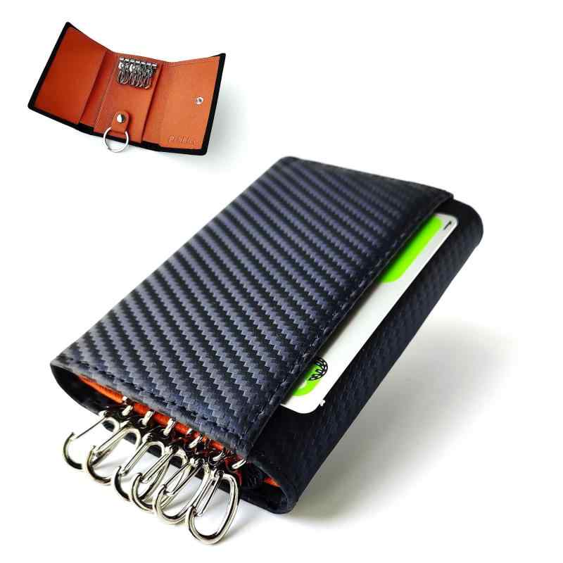 [Pebblee] キーケース 6連 財布 カードケース カーボンレザー 取外しキーリング付