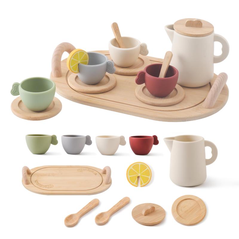Wooden Teether アフタヌーンティーセット おもちゃ おままごと 木のおもちゃ シリコン製 お茶会 ティ..