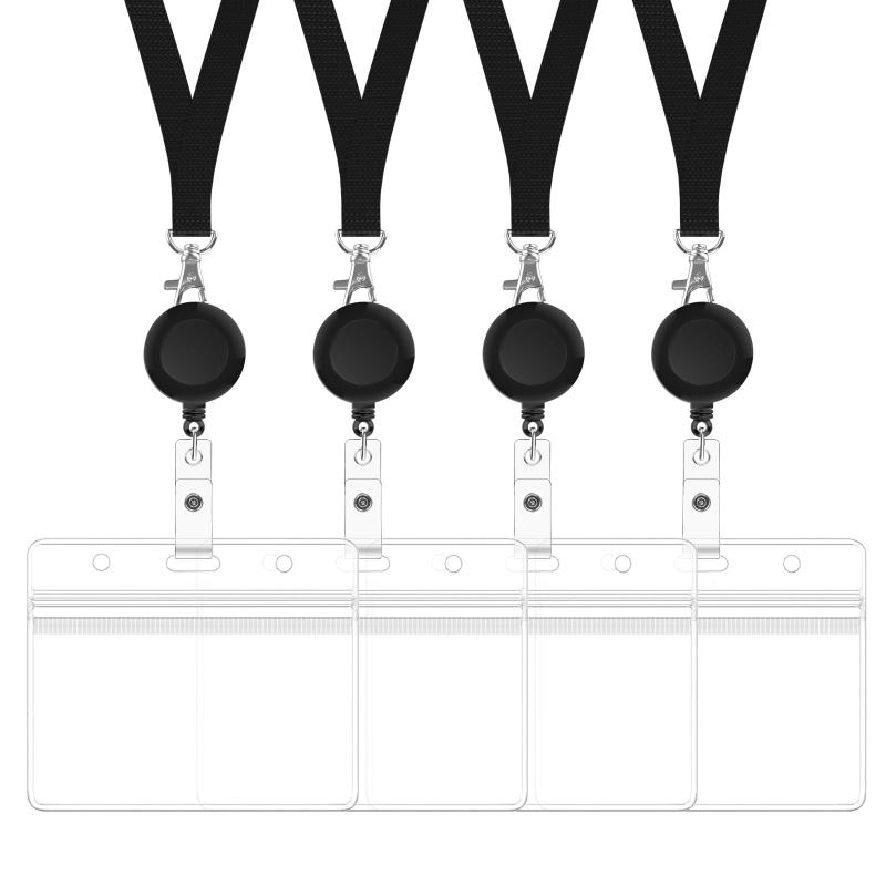 IDカードホルダー 4枚入り リール式 吊り下げ名札 ネームホルダー 伸縮リール ネックストラップ ICカード/名刺/社員証/定期入れ